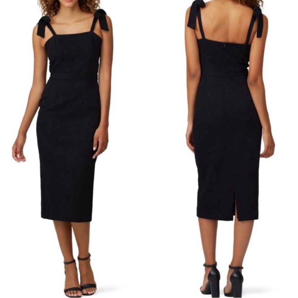 Hunter Bell Leighton Midi Eyelet Dress Women’s Size 12‎ Tie Shoulder Slit Black